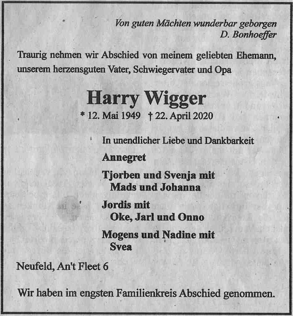 Harry Wigger starb am 22.April